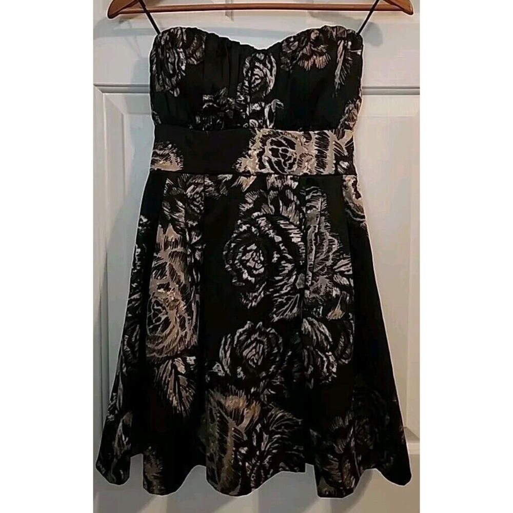 Guess Mini Size 5 Statin Floral Black Tan Roses Design Strapless Baby Doll Lined